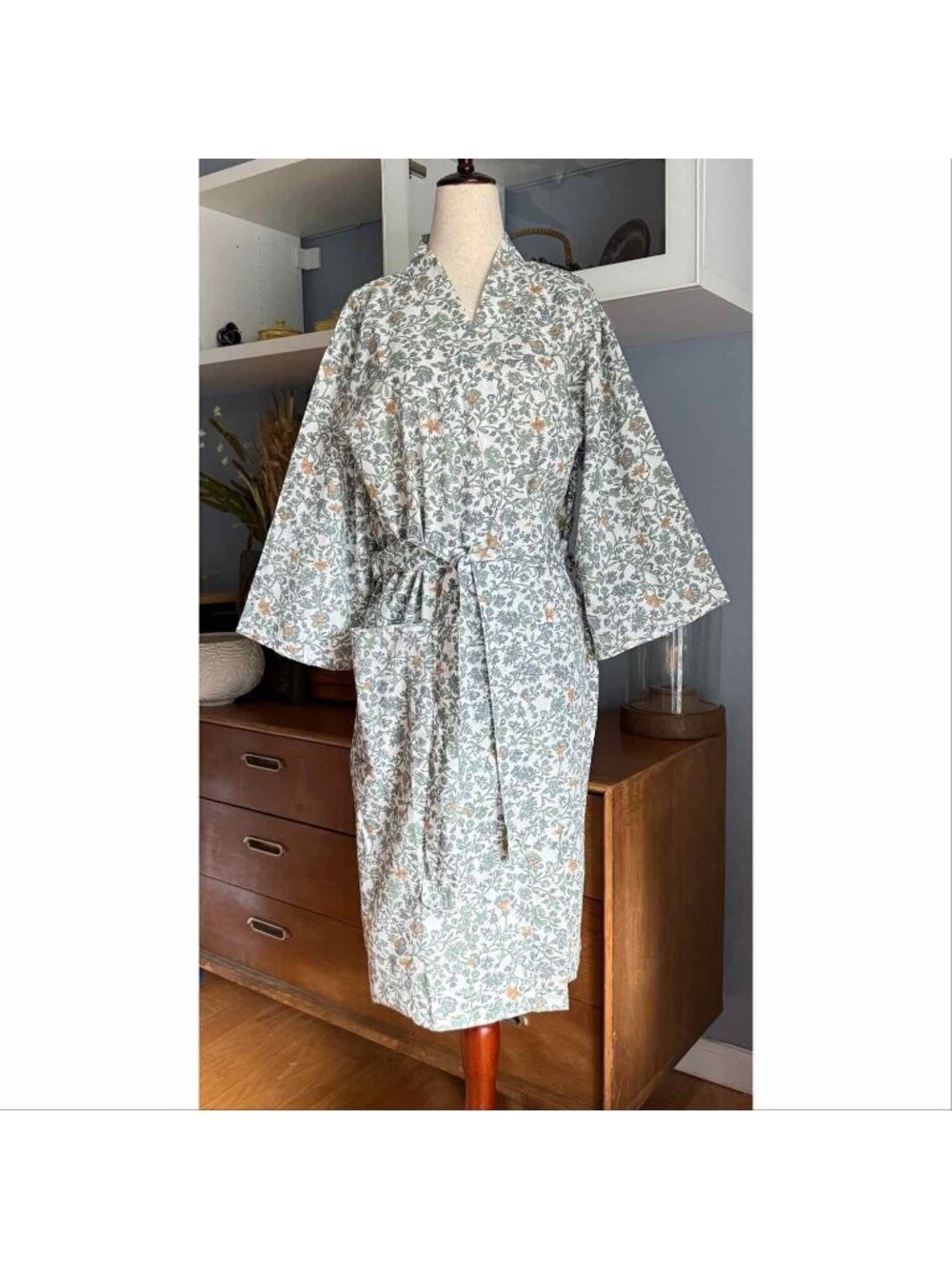 Coyuchi Women's Isla Organic Cotton Robe Floral Sage Green Size M